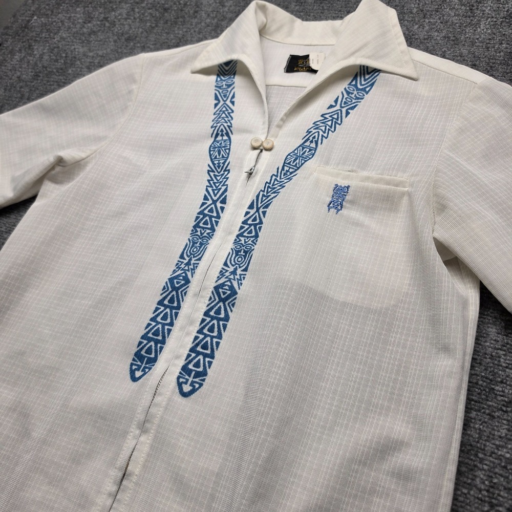 Vintage 60s Iolani Hawaii Mens M White Blue Tiki Graphic Full Zip Aloha Shirt